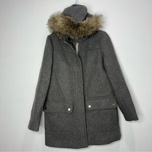 J Crew Mercantile Wool Blend Faux Fur Trim Hooded Gray Coat Size 4